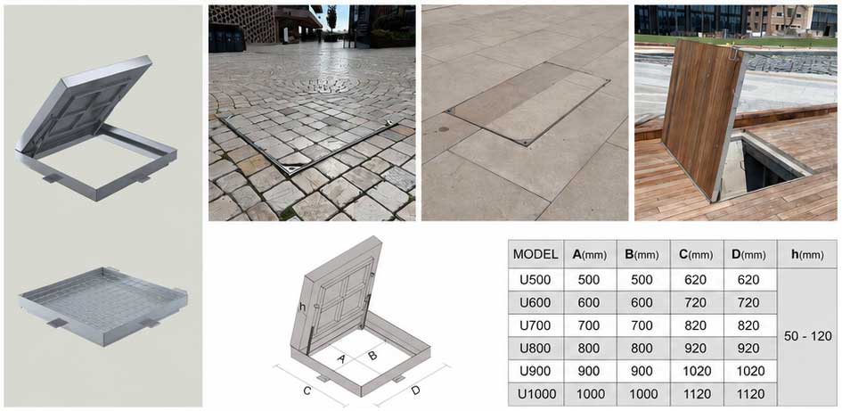 Kaplama, karo ve ahşap deck uygulamaları için gömme zemin müdahale kapağı örnekleri